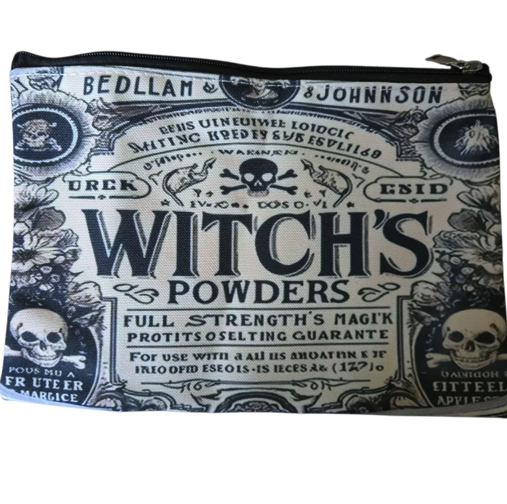 Black and White Witch's Powders Cosmetic Bag with Hanging Bells